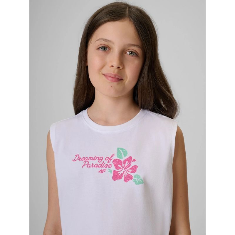 Girls' sleeveless T-shirt with print 4F 4FJRSS26TSLEF328-11S