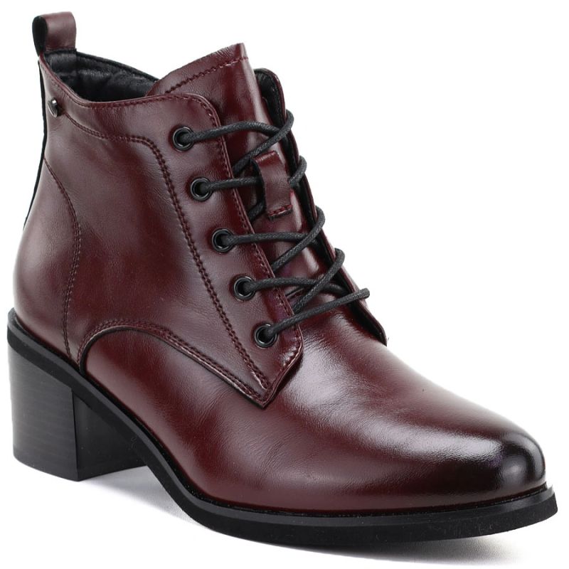 Women's leather lace-up high-heeled ankle boots, burgundy, Vinceza EN27-133107