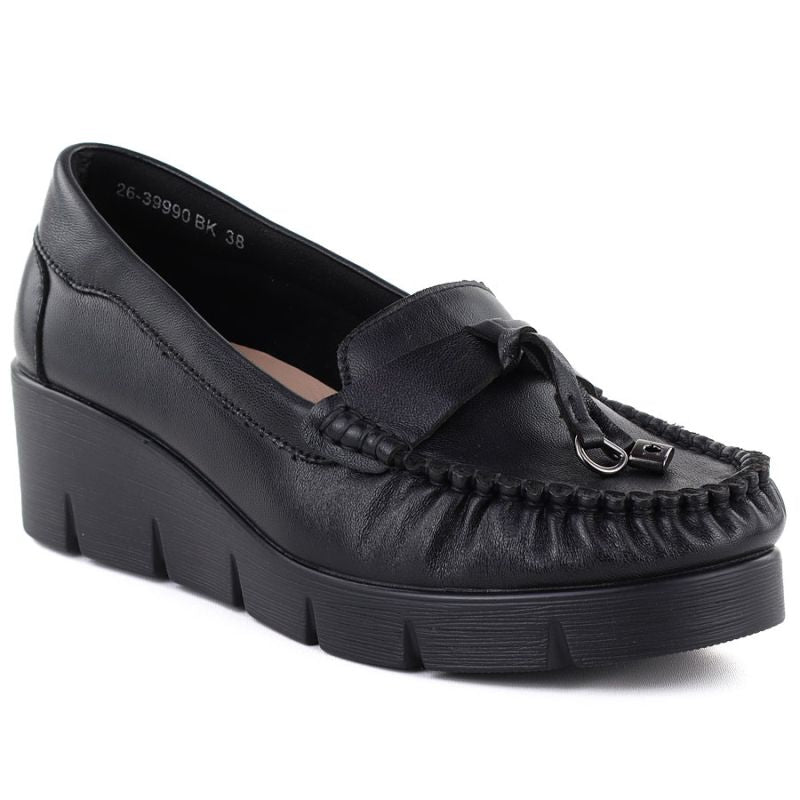 Black leather wedge moccasin shoes Vinceza 39990 Vinceza