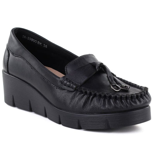 Black leather wedge moccasin shoes Vinceza 39990 Vinceza