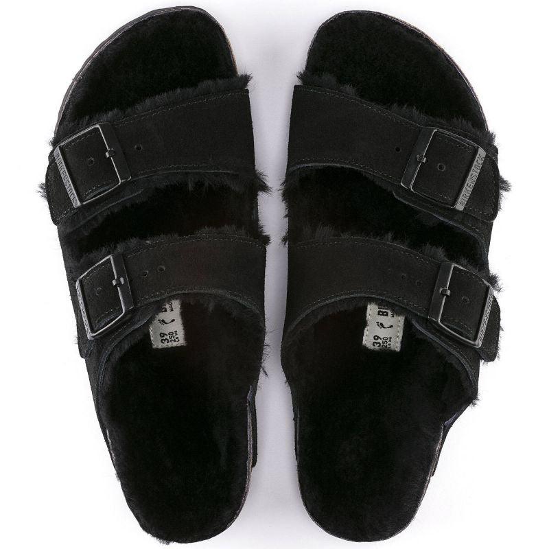Women's slippers insulated with lambswool Birkenstock Arizona VL Shearling Black suede leather regular wide (0752661) Footwear/Lifestyle/Brinkenstock/Klapki/chodaki Birkenstock