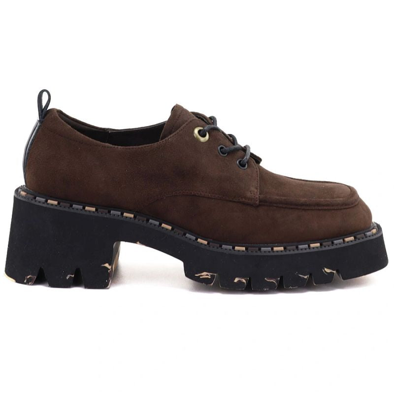 Women's leather moccasin shoes on a block heel, brown Artiker 59C0276