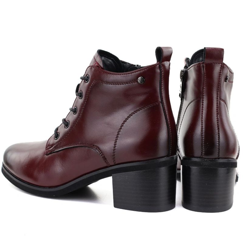 Women's leather lace-up high-heeled ankle boots, burgundy, Vinceza EN27-133107