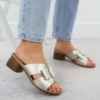 Women's leather slides on a block, gold Remonte R8759-90 Footwear Your Sports Performance