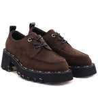 Women's leather moccasin shoes on a block heel, brown Artiker 59C0276
