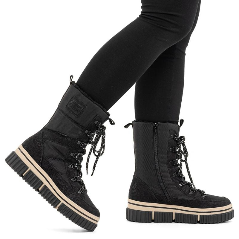 Water-resistant women’s snow boots with thick sole, black, Rieker Y6380-00