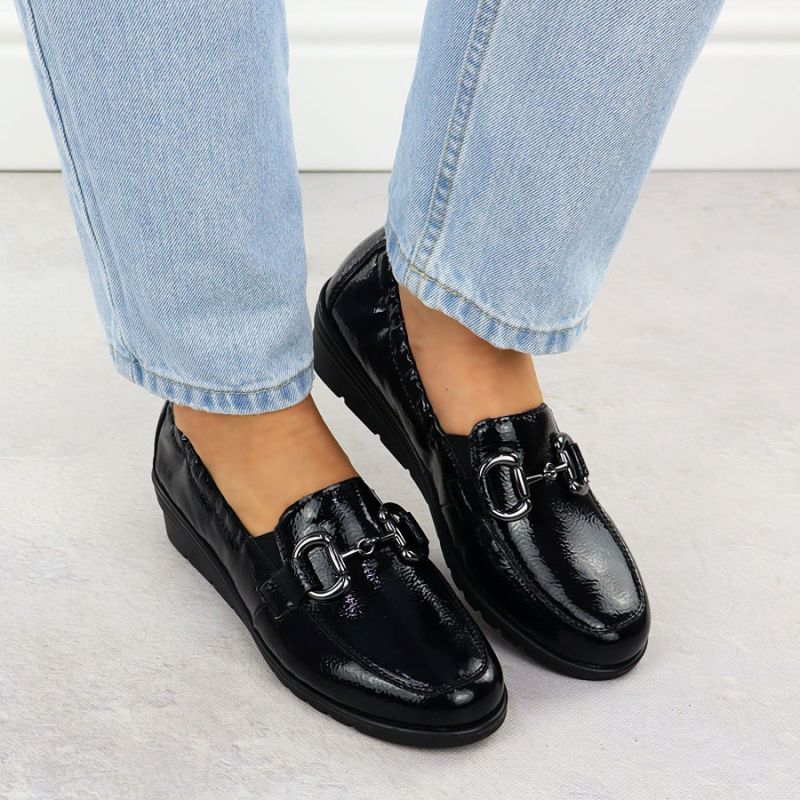 Women's patent leather wedge shoes, black, Rieker L5352-00 Footwear Your Sports Performance