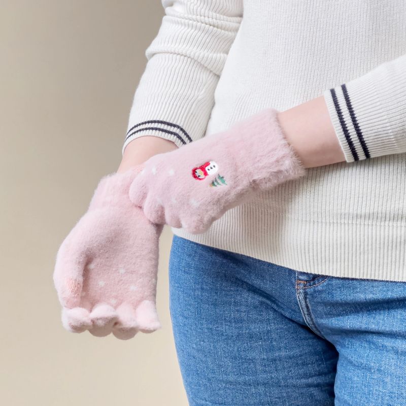 Women's winter telephone gloves with a snowman and a Christmas tree - pink Hurtel