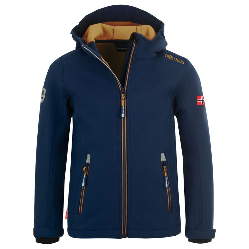 TrollKids Kids Trollfjord Jacket mystic blue/golden yellow softshell navy blue (161-146) In preparation Your Sports Performance