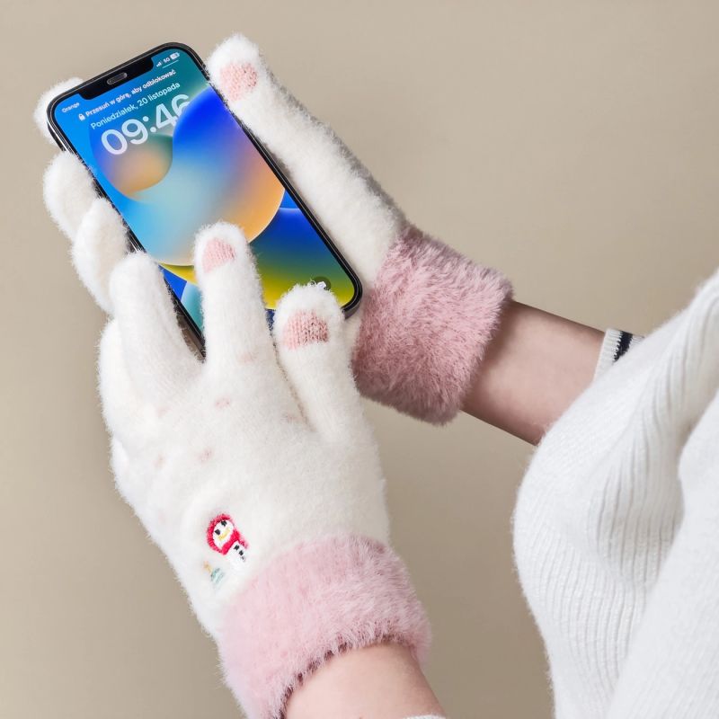 Women's winter telephone gloves with a snowman and a Christmas tree - white and pink Hurtel