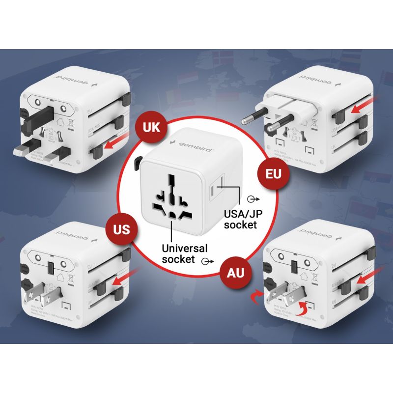 GEMBIRD UNIVERSAL TRAVEL ADAPTER WHITE Kable i adaptery/Adaptery, przejściówki Your Sports Performance
