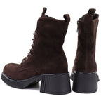Women's leather ankle boots with a block heel and platform, chocolate brown, Vinceza 67009