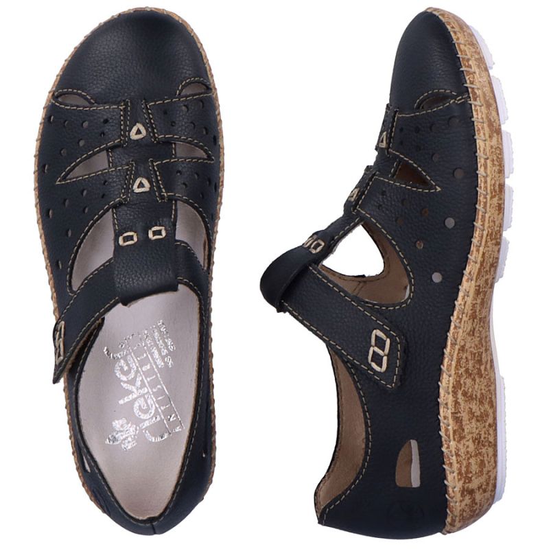 Women's leather openwork shoes, comfortable, with Velcro, black, Rieker 44852-14 Rieker