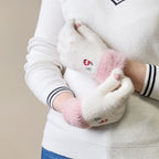 Women's winter telephone gloves with a snowman and a Christmas tree - white and pink Hurtel