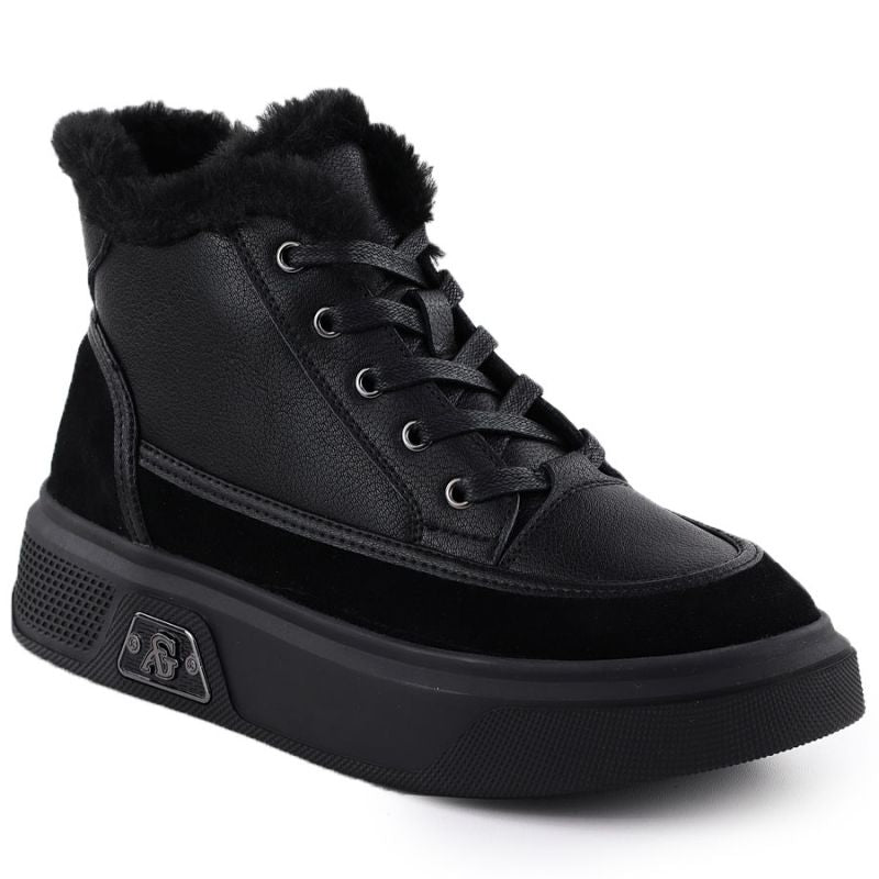 Black leather platform ankle boots with fur Cambell 25-19352 To be categorized Your Sports Performance