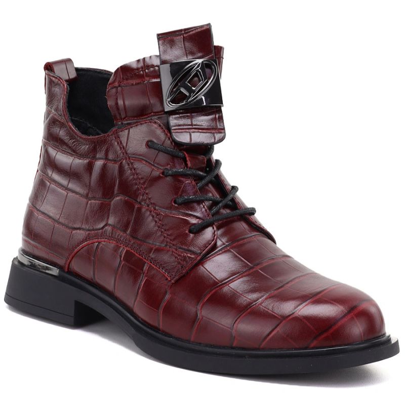 Red Crocodile-Effect Leather Ankle Boots for Women Vinceza 86453