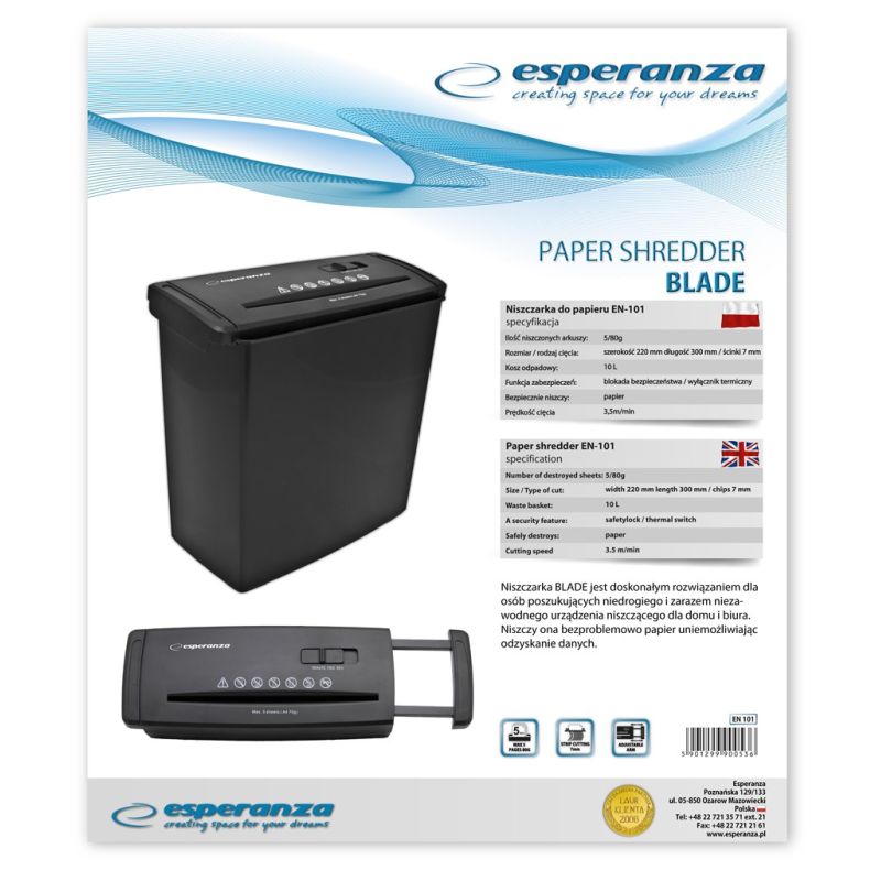Esperanza BLADE EN101 document shredder Urządzenia biurowe/Niszczarki Your Sports Performance