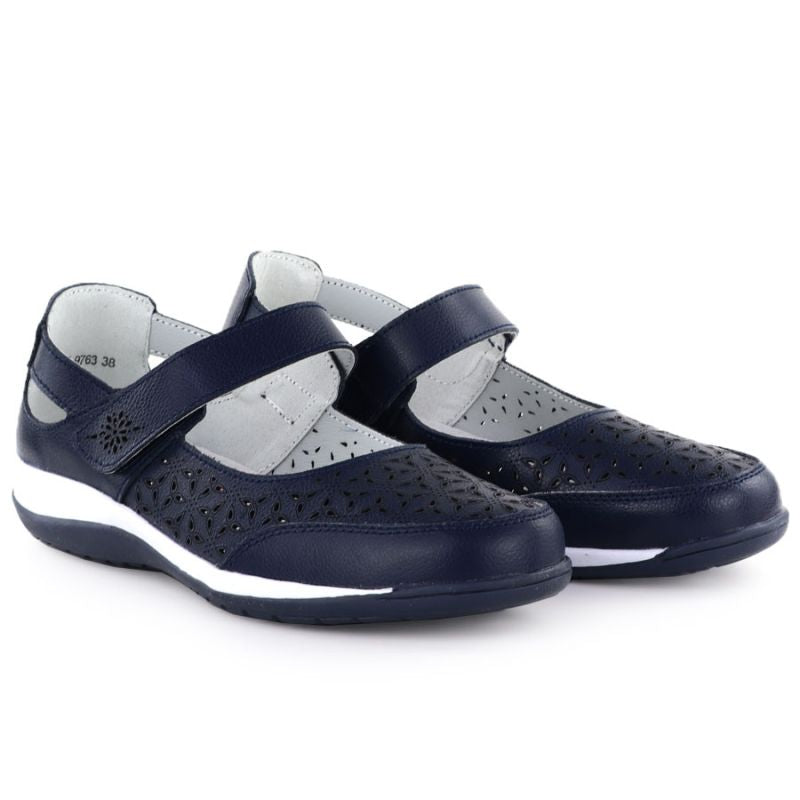 Women's leather openwork shoes with Velcro, navy blue Jezzi 9763 To be categorized Your Sports Performance
