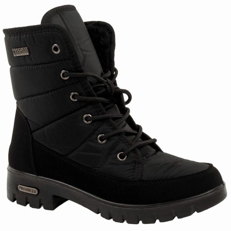 Progress Women’s Winter Boots, Black Insulated Snow Boots with Sheepskin Lining