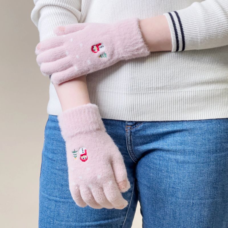 Women's winter telephone gloves with a snowman and a Christmas tree - pink Hurtel