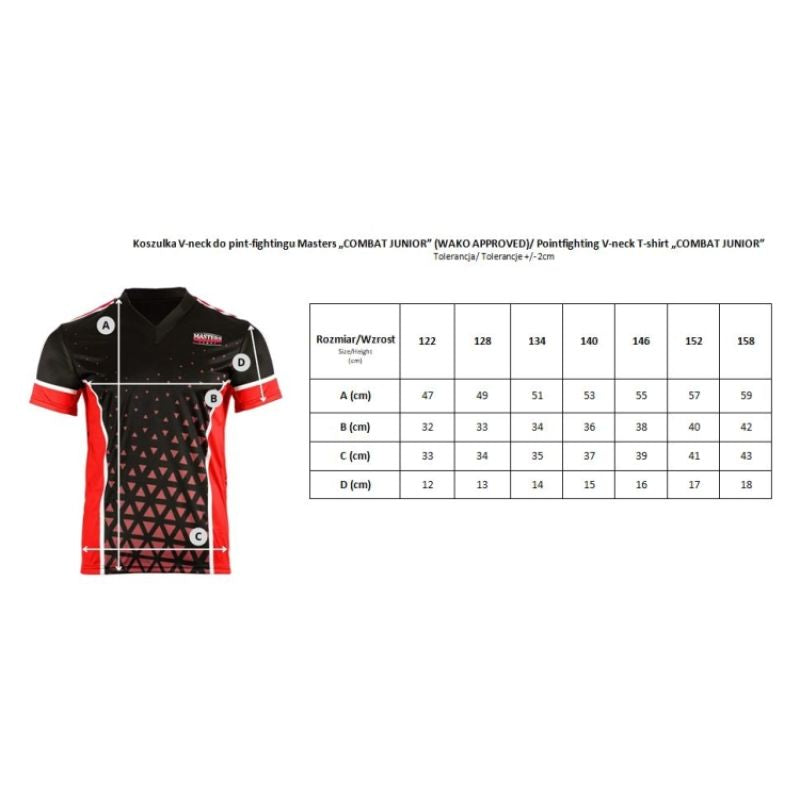 MASTERS "COMBAT JUNIOR" V-neck point-fighting shirt, black and red (WAKO APPROVED)