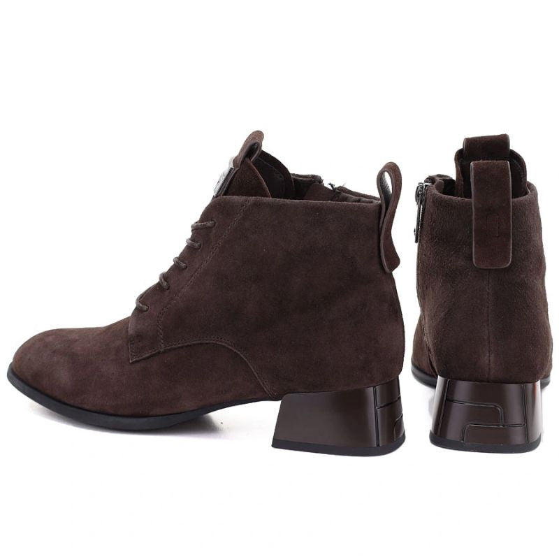 Women's leather ankle boots with high heels, suede, dark brown, Vinceza FIO27-67036