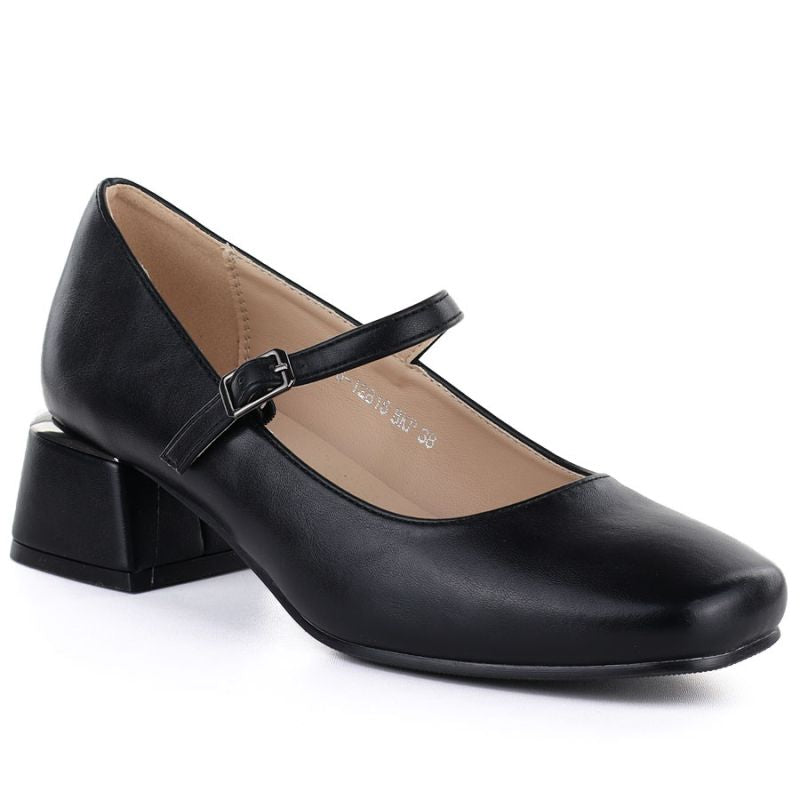 Women's block heel shoes with a strap, black Potocki 12815 Potocki