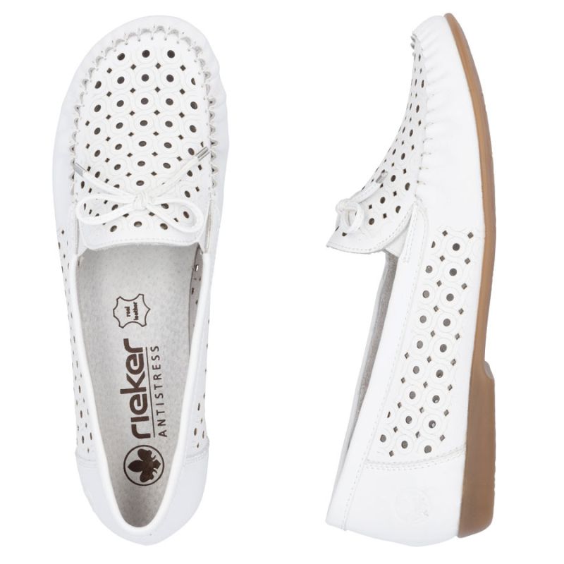 Women's leather moccasins, openwork, lightweight, comfortable, white, Rieker L6352-80 Rieker
