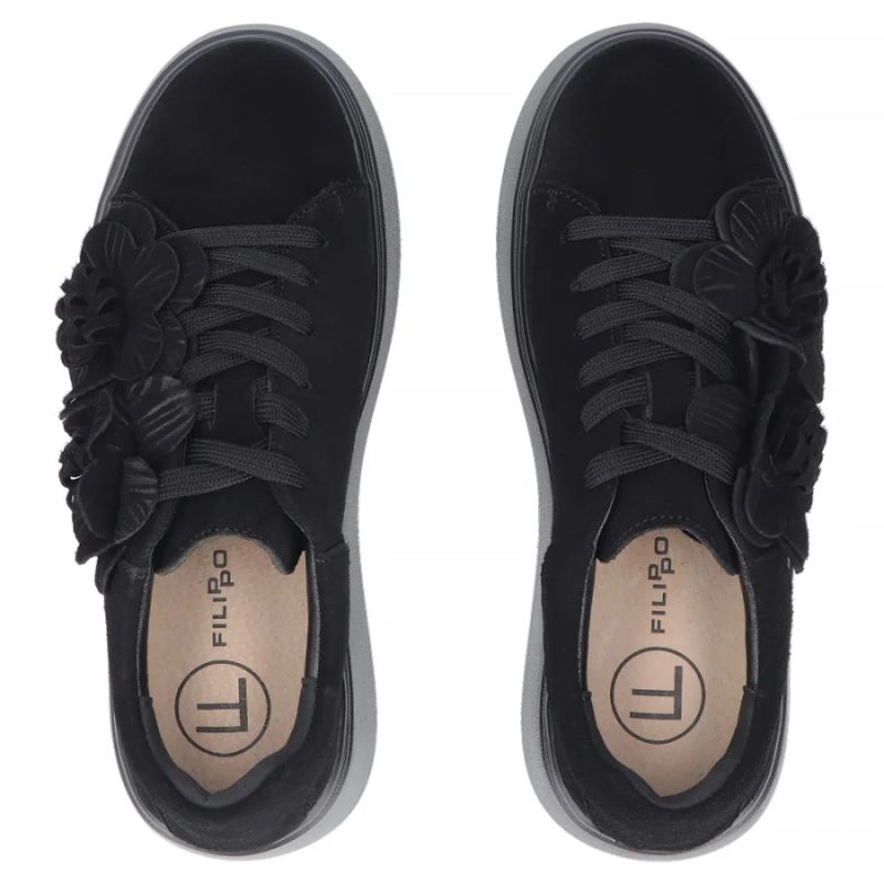 Women's leather sneakers on a platform with flowers, suede, black Filippo DP8113