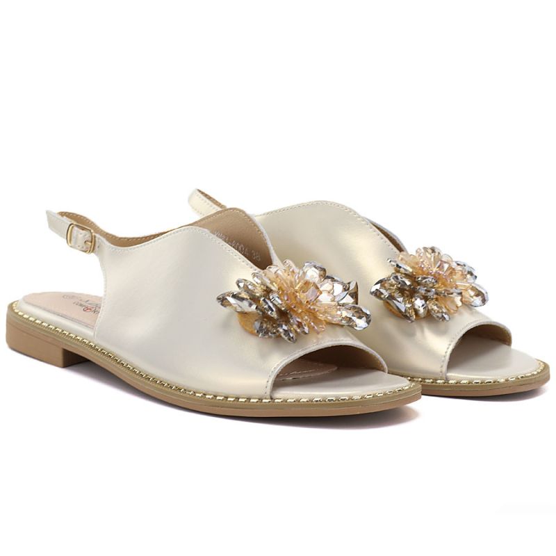 Women's flat leather sandals with crystals, gold, S.Barski 61-6004 S.Barski