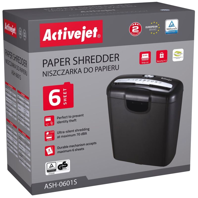 Activejet ASH-0601S shredder, P-2, 10 l, 6 mm strip, 6 sheets, black. Urządzenia biurowe/Niszczarki Your Sports Performance