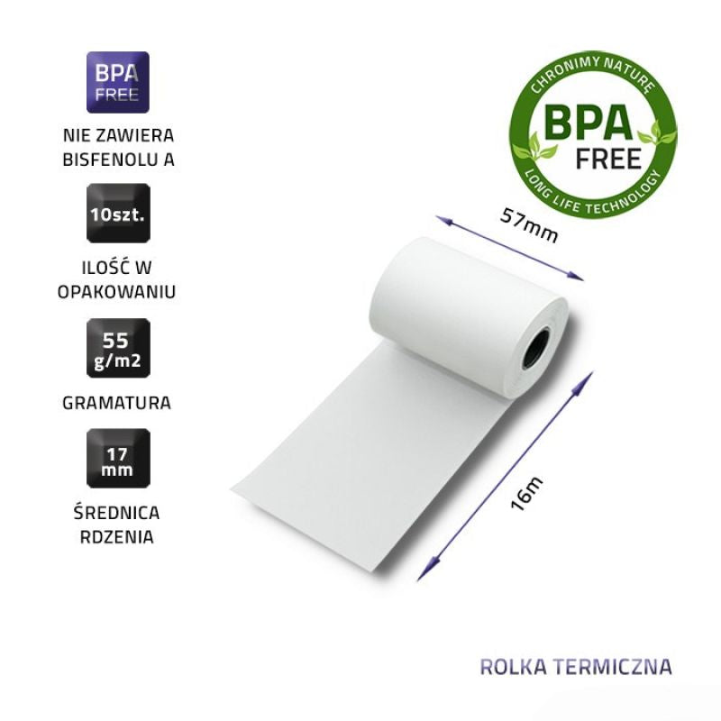 QOLTEC THERMAL ROLL 57X16 | 55G/M2 | 10PCS | BPA FREE Artykuły papiernicze/Rolki kasowe Your Sports Performance