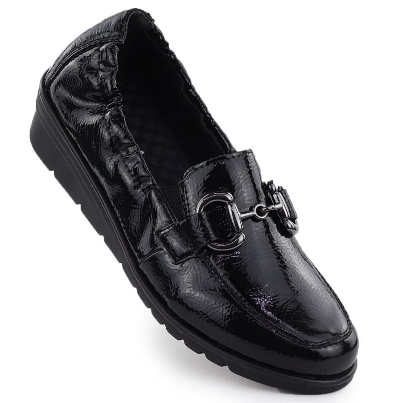 Women's patent leather wedge shoes, black, Rieker L5352-00 Footwear Your Sports Performance