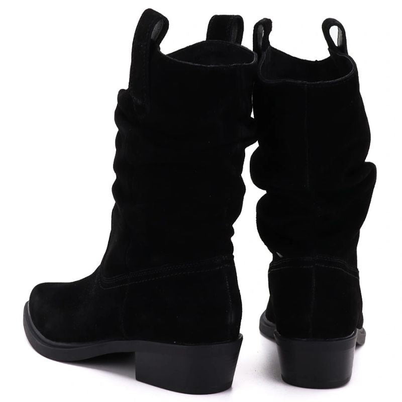 Black Ruched Leather Cowboy Ankle Boots for Women Sergio Leone BT-16-S