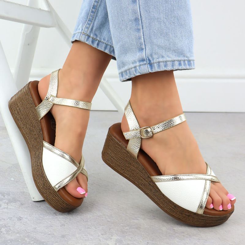 Women's wedge sandals in white and gold S.Barski PL51-324 Footwear Your Sports Performance