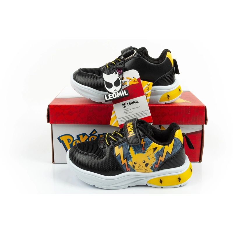 Leomil children's sports shoes Pokemon sneakers lightweight with velcro LED black yellow