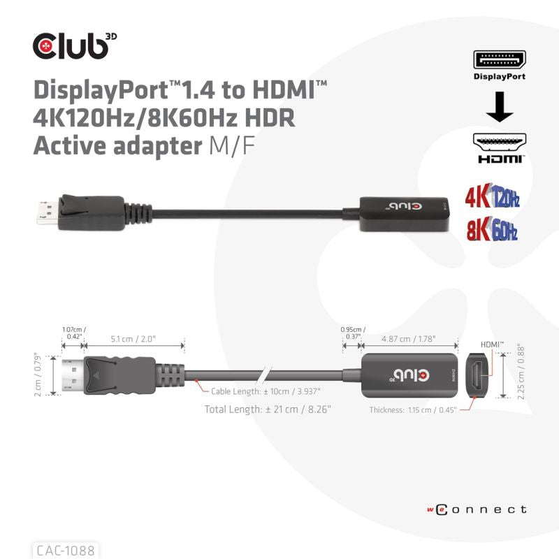 CLUB3D CAC-1088 Cable Adapter 0.21m DisplayPort HDMI Black Kable i adaptery/Adaptery, przejściówki Your Sports Performance