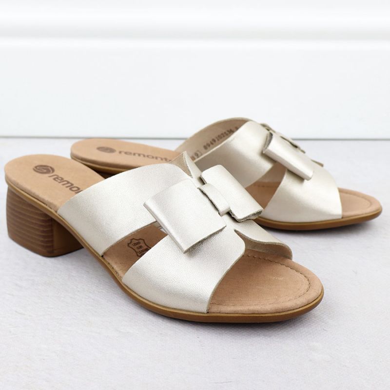 Women's leather slides on a block, gold Remonte R8759-90 Footwear Your Sports Performance