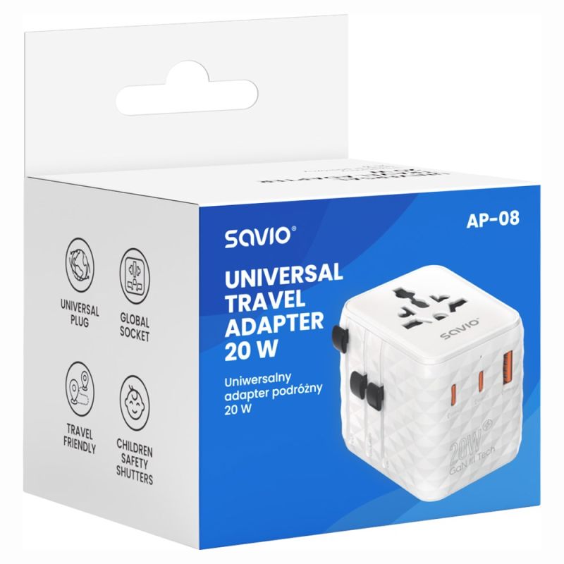 SAVIO UNIVERSAL TRAVEL ADAPTER 20W AP-08 Kable i adaptery/Adaptery, przejściówki Your Sports Performance