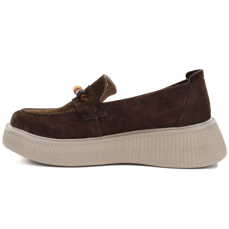 Women's leather platform moccasins with beads, brown, Vinceza 79649