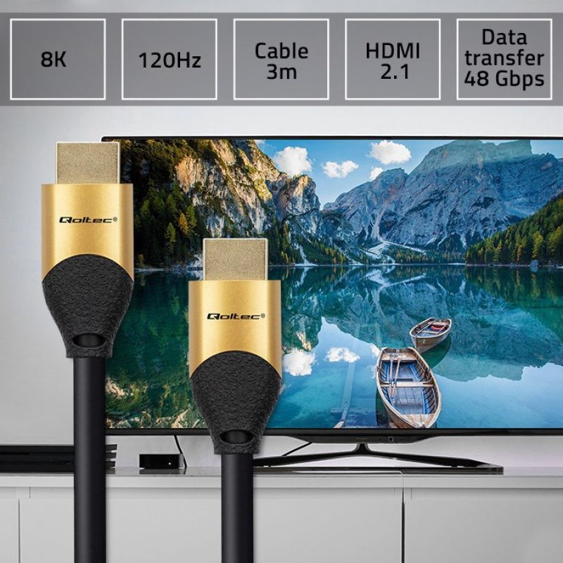QOLTEC HDMI CABLE V2.1 ULTRA HIGH SPEED 8K | 60HZ | 28AWG | GOLD | 3M Kable i adaptery/Kable HDMI Your Sports Performance