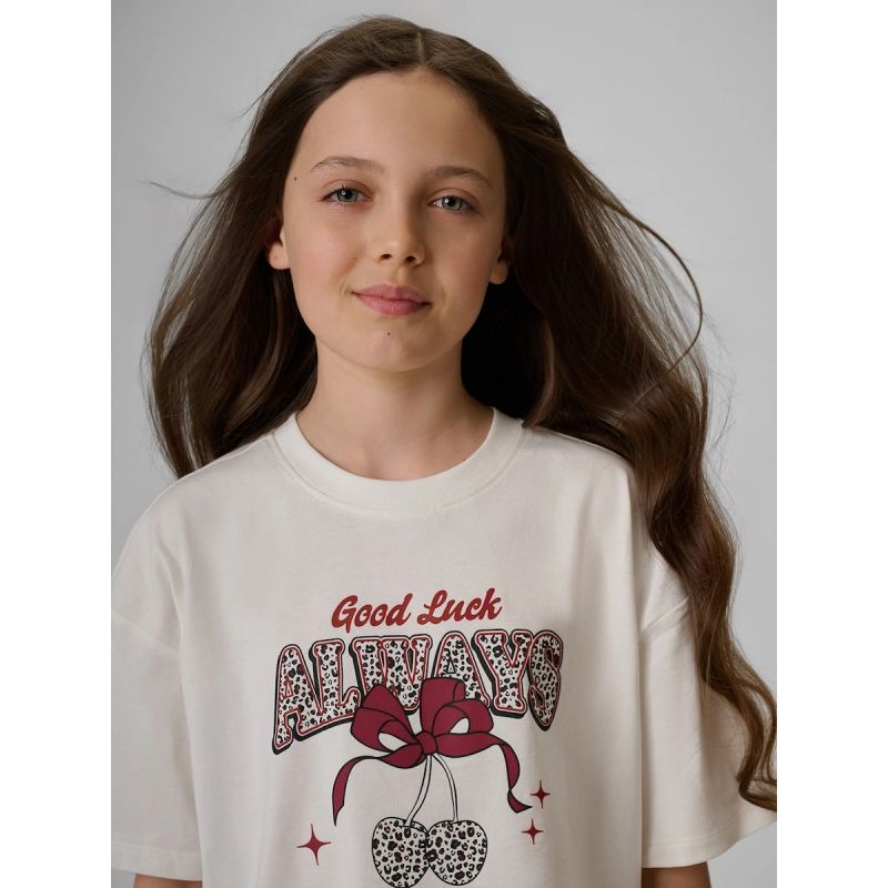 Girls' boxy T-shirt with print 4F 4FJRAW26TTSHF4239-11S