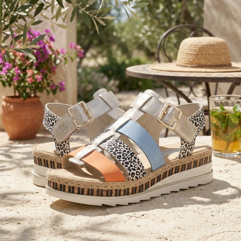 Rieker V7904-90 Women's Leather Wedge Sandals Rieker