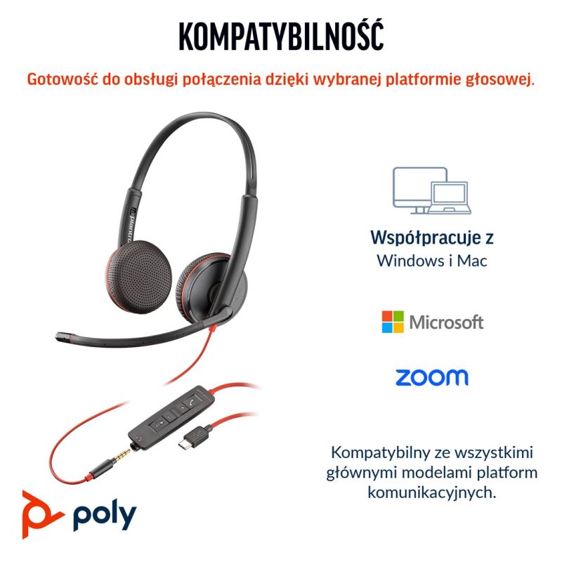 POLY Blackwire 3225 USB-C Stereo Headset + 3.5mm Plug + USB-C/A Adapter (Multi-Pack) Akcesoria GSM/Słuchawki przewodowe Your Sports Performance