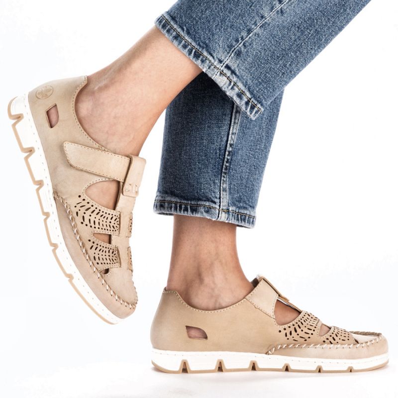 Rieker W RKR651 beige leather openwork shoes with velcro Footwear/Lifestyle/Rieker Your Sports Performance