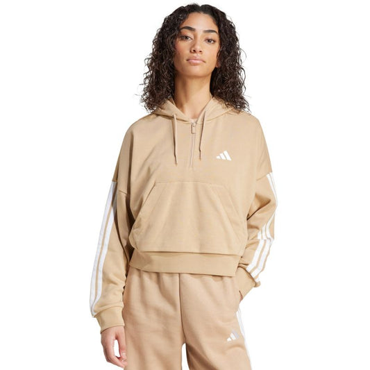 Women's Essentials 3-Stripes French Terry Hoodie Quarter Zip Beige JX7676 In preparation Your Sports Performance