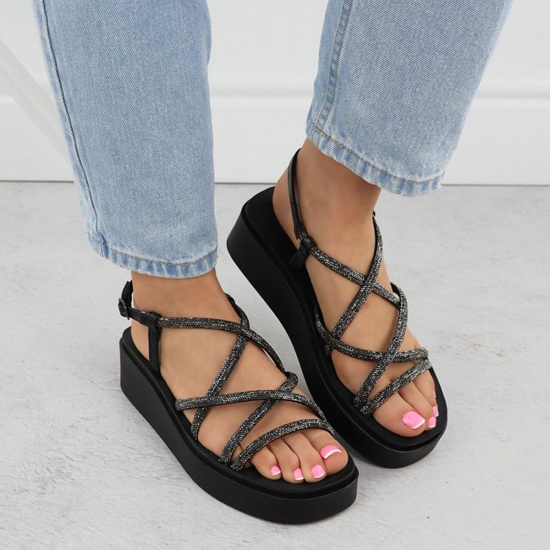 Women's Roman wedge sandals with zircons, black Filippo DS6898 Footwear Your Sports Performance