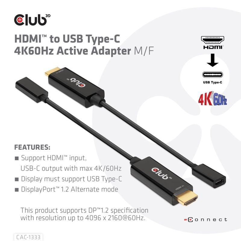 CLUB 3D CAC-1333 Cable Adapter 0.22m HDMI Type-A (Standard) USB Type-C Black Kable i adaptery/Adaptery, przejściówki Your Sports Performance