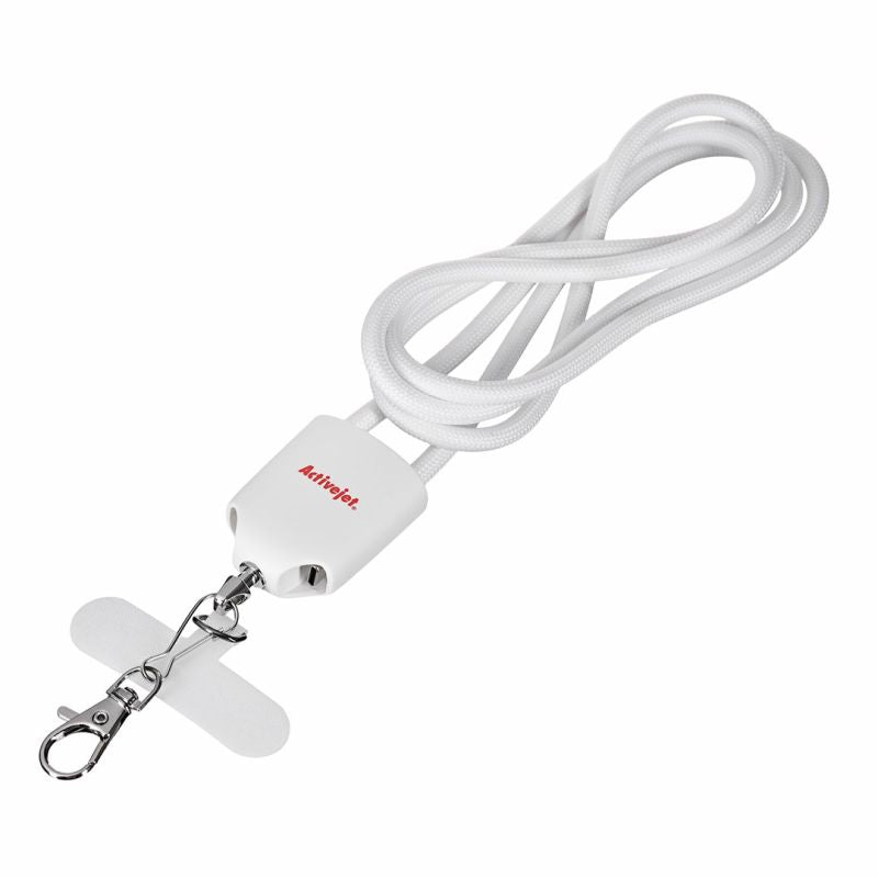 Activejet 3-in-1 white lanyard with charging cable. Available with various connectors: USB-C, Lightning Adapter, USB-A. _Gadżety i Prezenty/Gadżety Your Sports Performance
