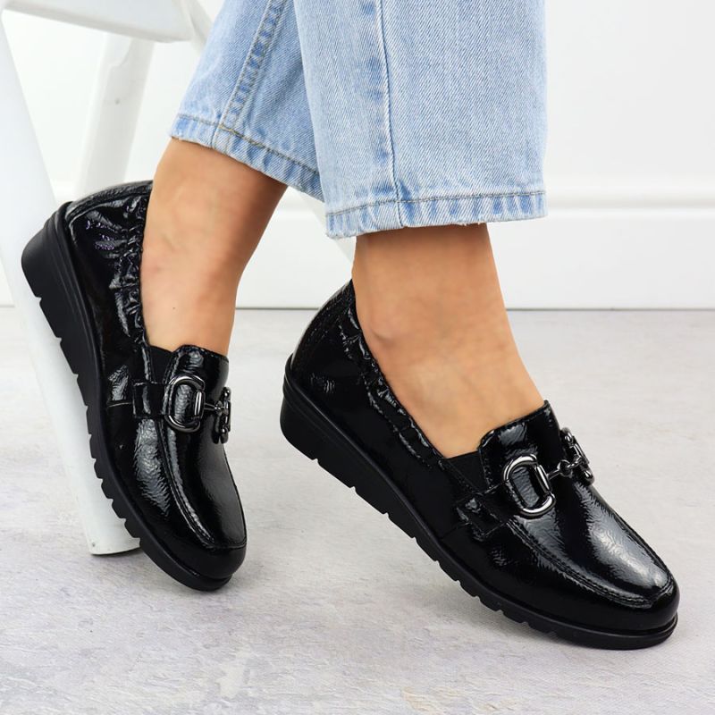 Women's patent leather wedge shoes, black, Rieker L5352-00 Footwear Your Sports Performance